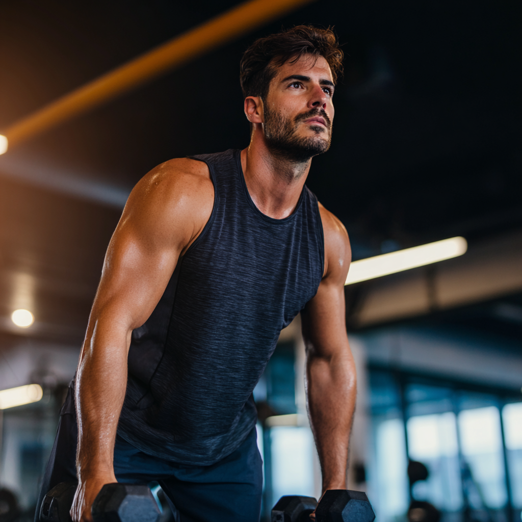 Confident male athlete in training gear performing strength exercises in modern gym environment