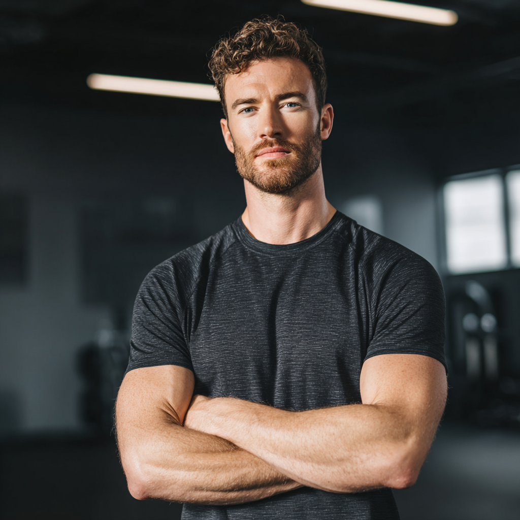 Motivated man in workout clothes looking confident and determined in a modern fitness environment